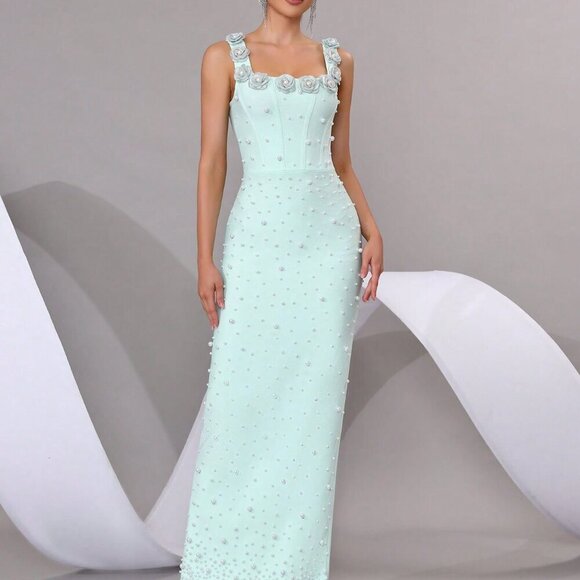 Baby Blue Elegant Women's Pearl Sparkling Maxi Dress - Picture 3 of 8